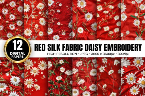 Daisy Red Silk Fabric Embroidery Pattern