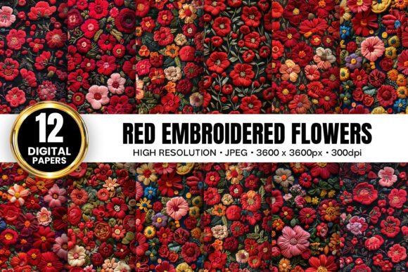 Red Flowers Embroidery Digital Papers
