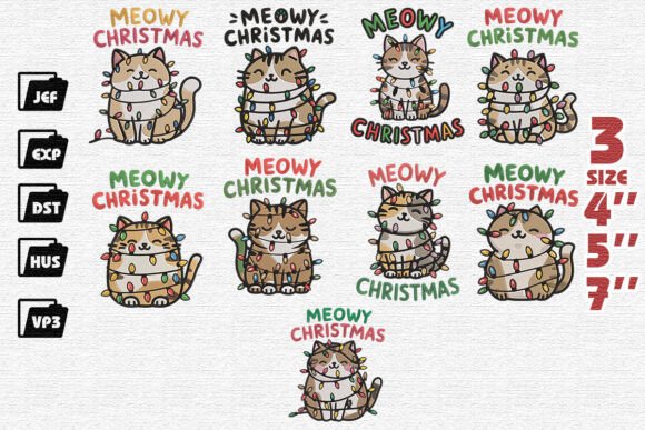 Set of 9 Cute Cat Christmas Embroidery