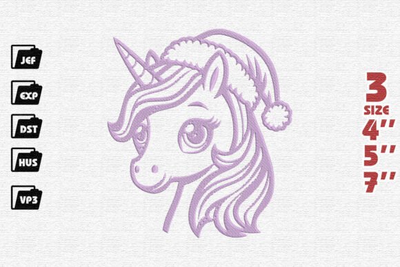 Whimsical Unicorn with Santa Hat Embroidery